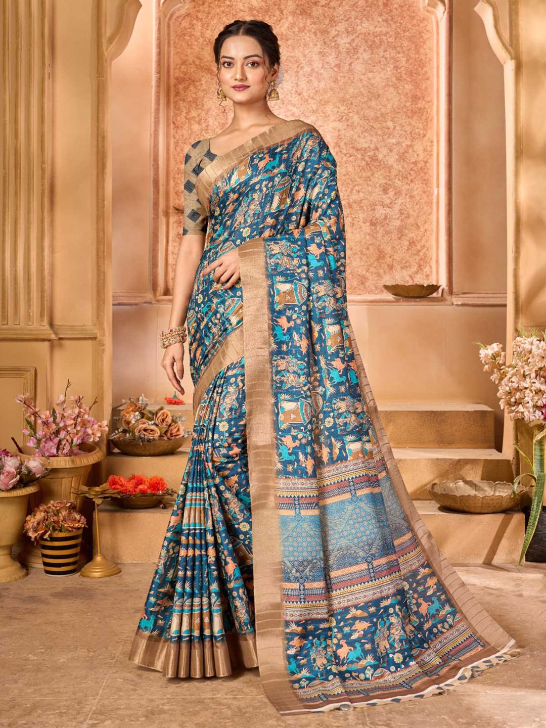 

KALINI Ethnic Motifs Zari Block Print Saree, Green