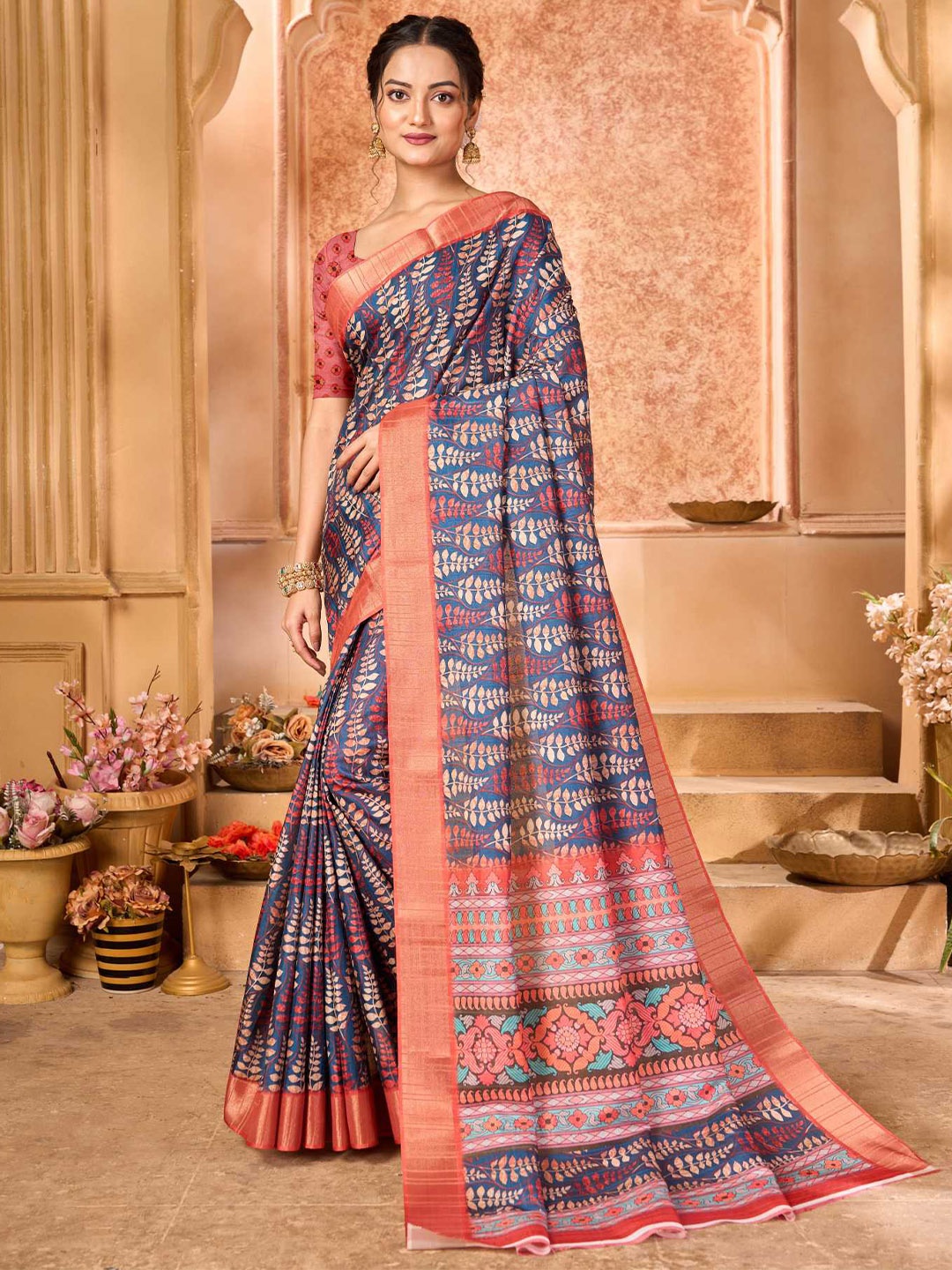 

KALINI Floral Zari Block Printed Saree, Blue