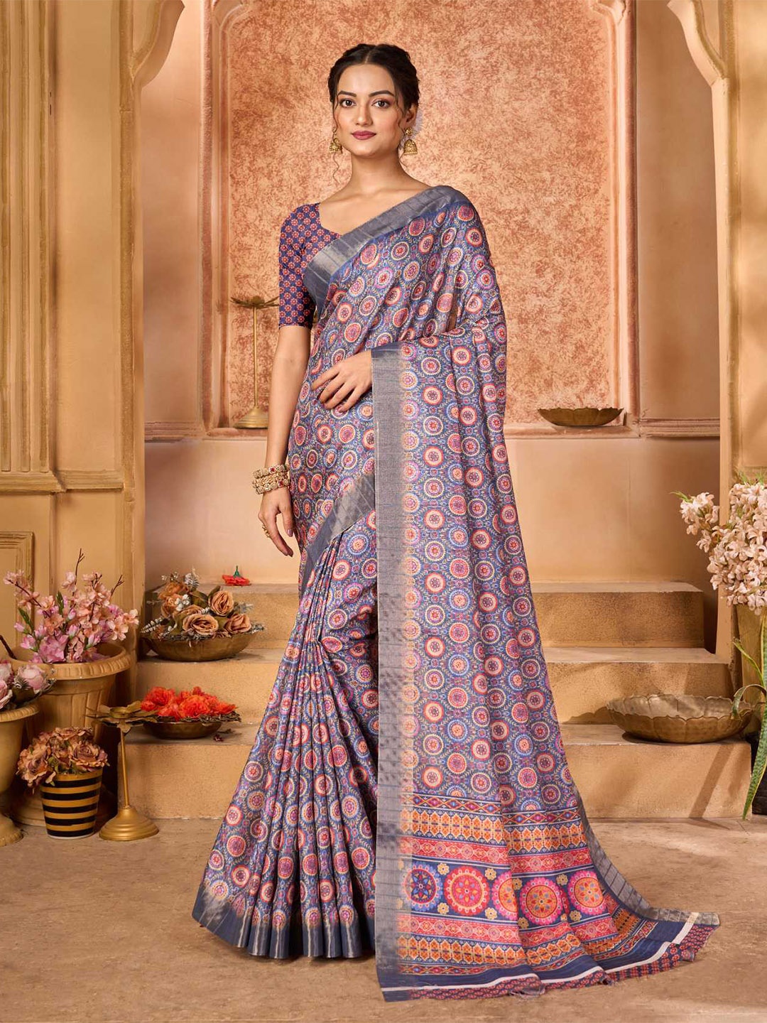 

KALINI Ethnic Motifs Zari Block Print Saree, Blue