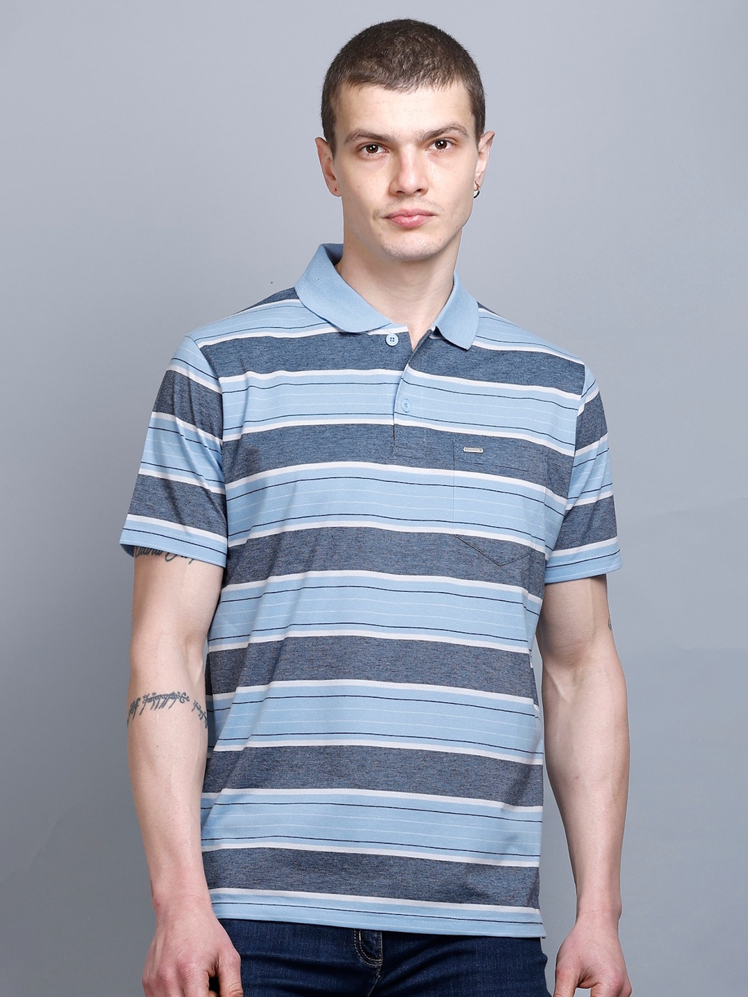 

GODFREY Striped Polo Collar Cotton T-shirt, Blue