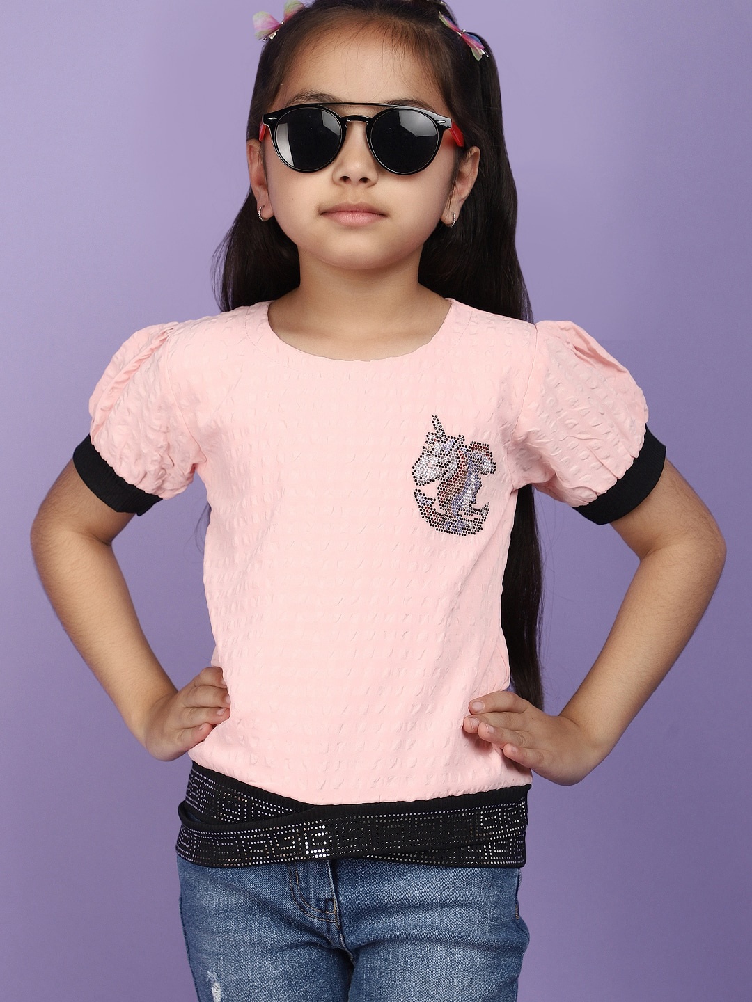 

V-Mart Girls Textured Round Neck Puff Sleeves Regular Top, Pink