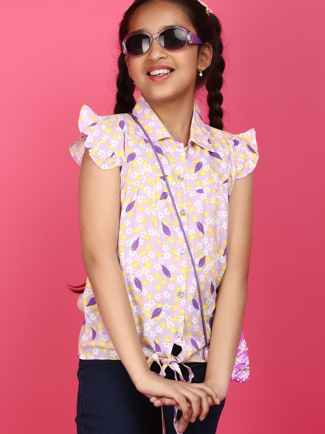 

V-Mart Girls Floral Printed Flutter Sleeve Tie-Ups Cotton Top, Purple