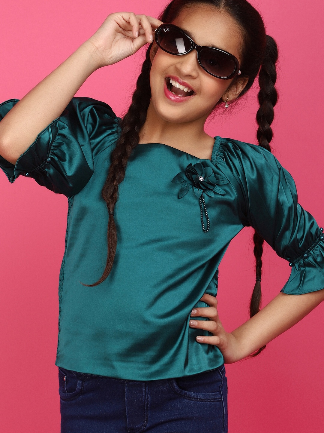 

V-Mart Girls Solid Square Neck Bell Sleeve Satin Top, Green