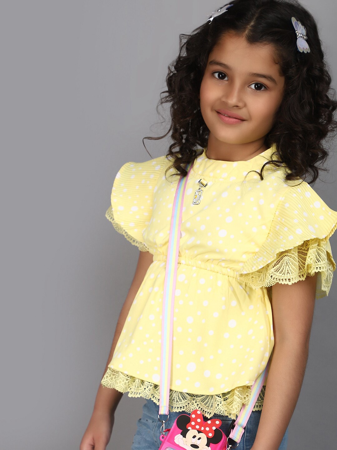 

V-Mart Girls Polka Dot Printed High Neck Flutter Sleeves Cotton Peplum Top, Yellow