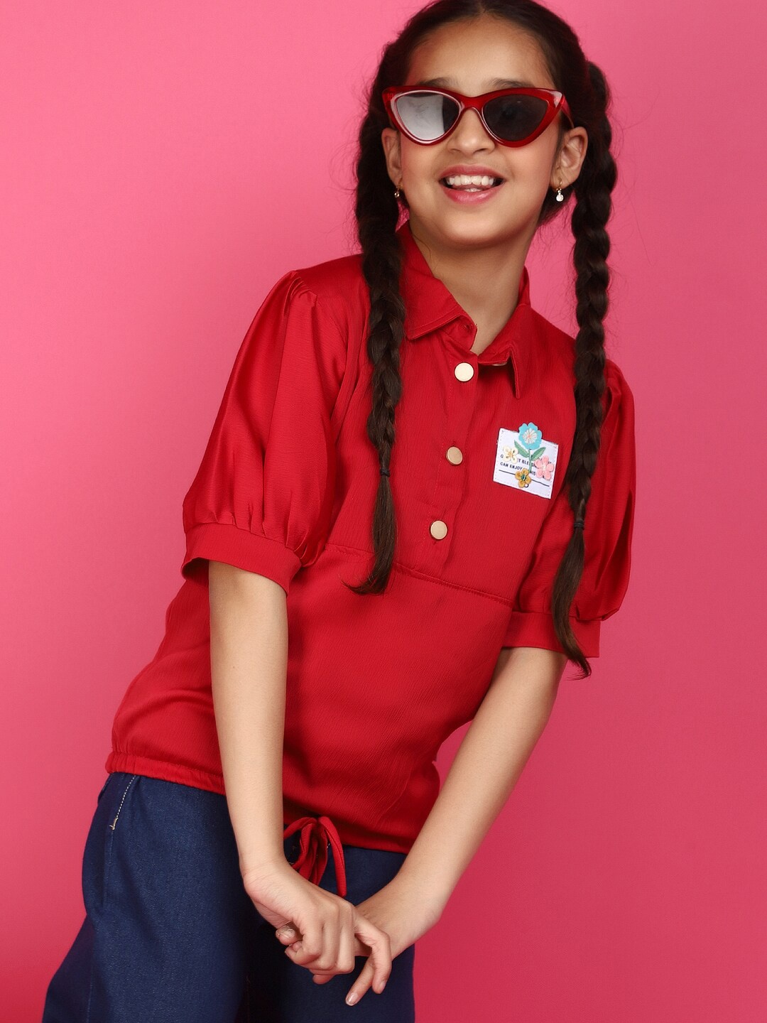 

V-Mart Girls Waist Tie-Up Shirt Collar Puff Sleeves Shirt Style Top, Rust