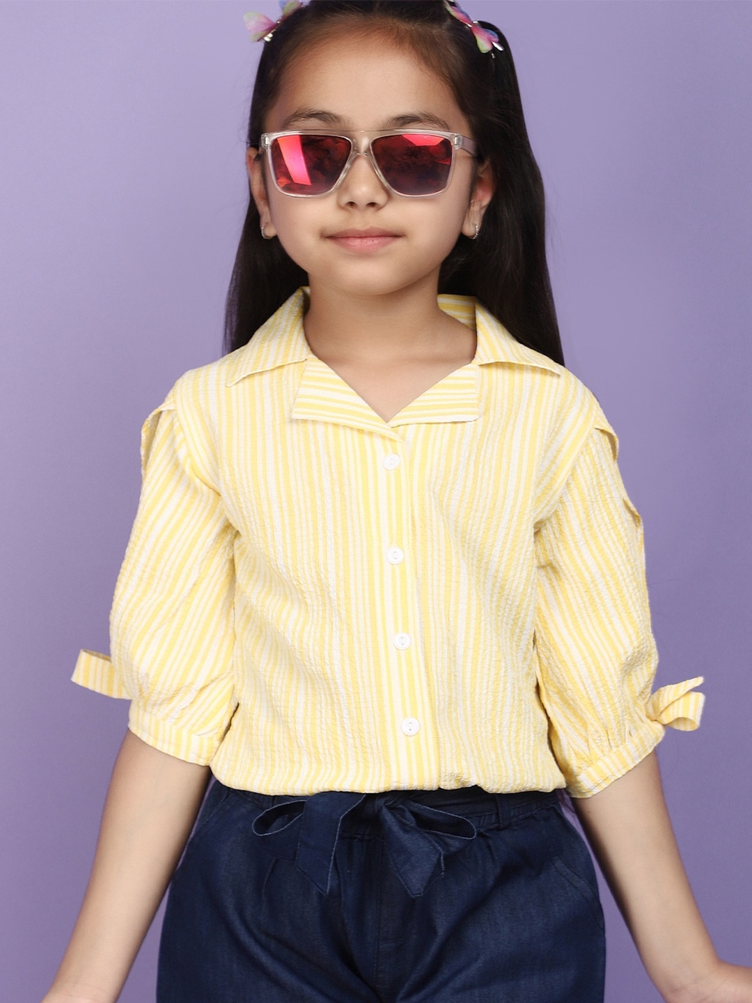 

V-Mart Girls Striped Shirt Collar Puff Sleeves Shirt Style Top, Yellow