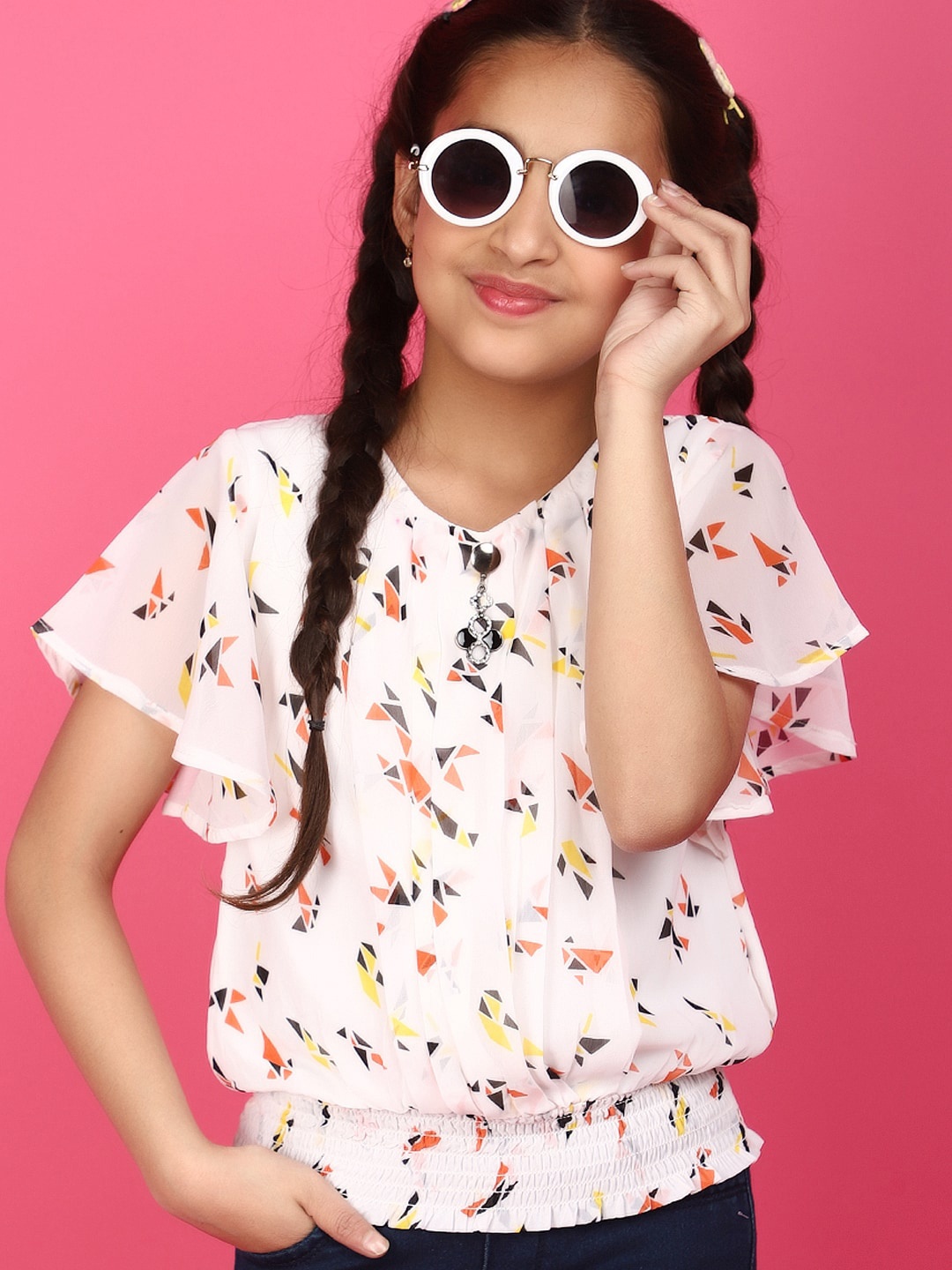

V-Mart Gils Abstract Printed Bell Sleeves Smocking Top, White