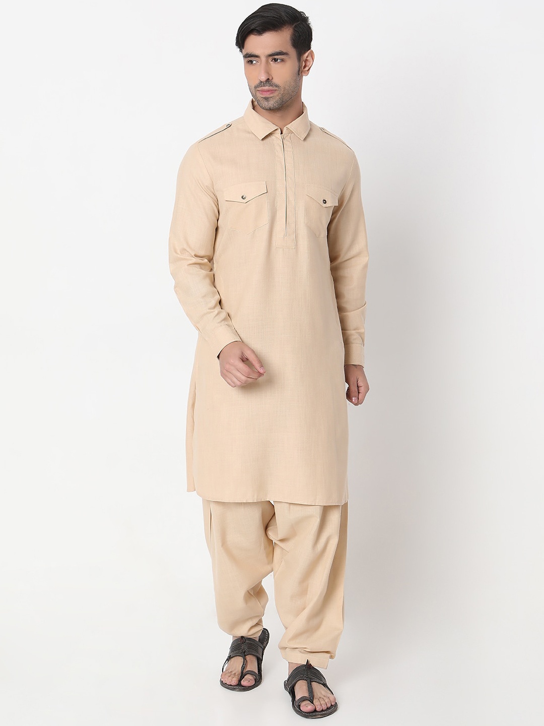 

Ethnicity Shirt Collar Regular Linen Regular Fit Kurta with Salwar, Beige