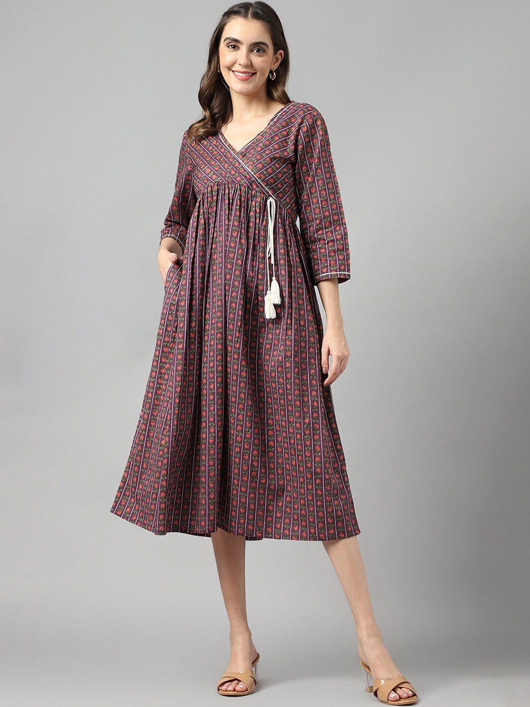 

KALINI Ethnic Motifs Printed Empire Cotton Midi Dress, Purple