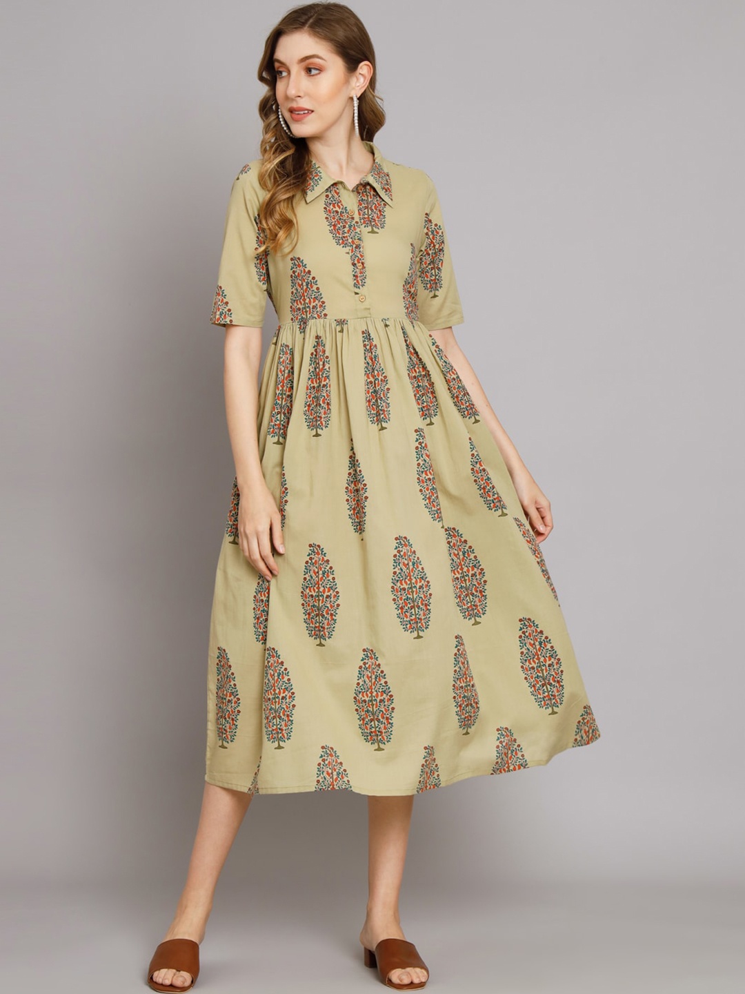 

KALINI Ethnic Motifs Printed A-Line Shirt Collar Midi Dress, Green