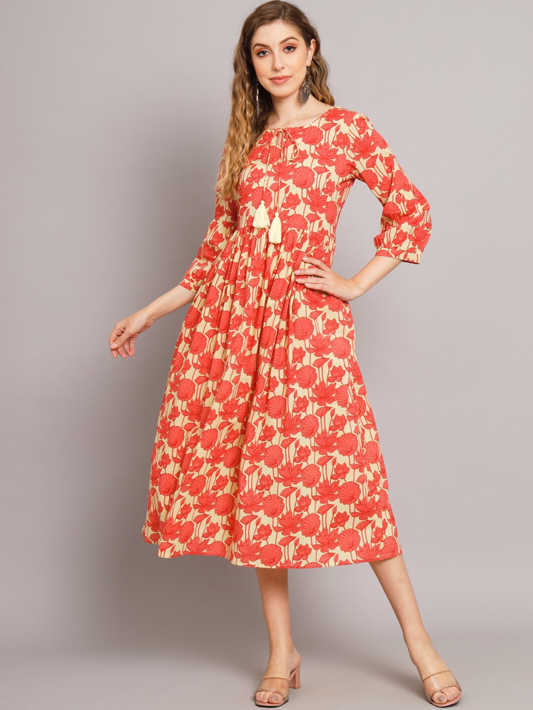 

KALINI Floral Printed Round Neck Cotton A-Line Midi Dress, Peach