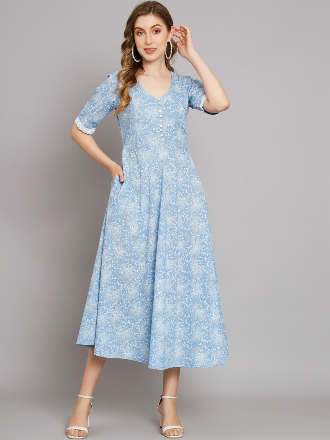

KALINI Floral Printed Cotton A-Line Midi Dress, Blue