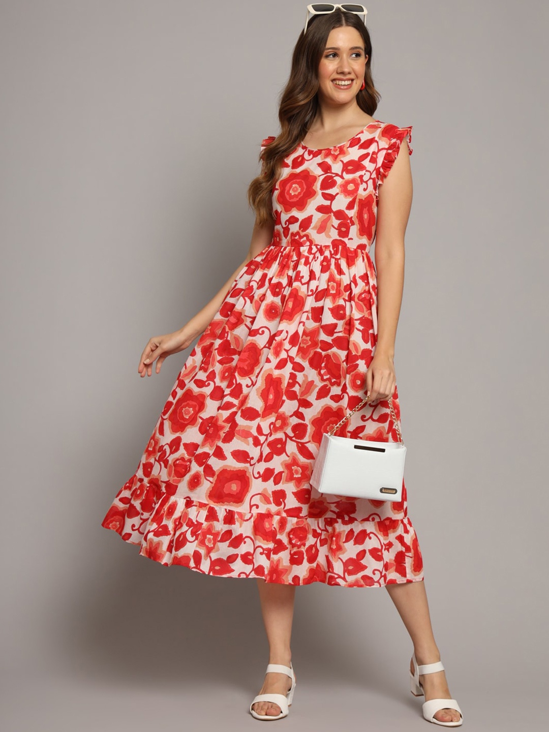 

KALINI Floral Printed Round Neck Cotton Fit & Flare Midi Dress, Red