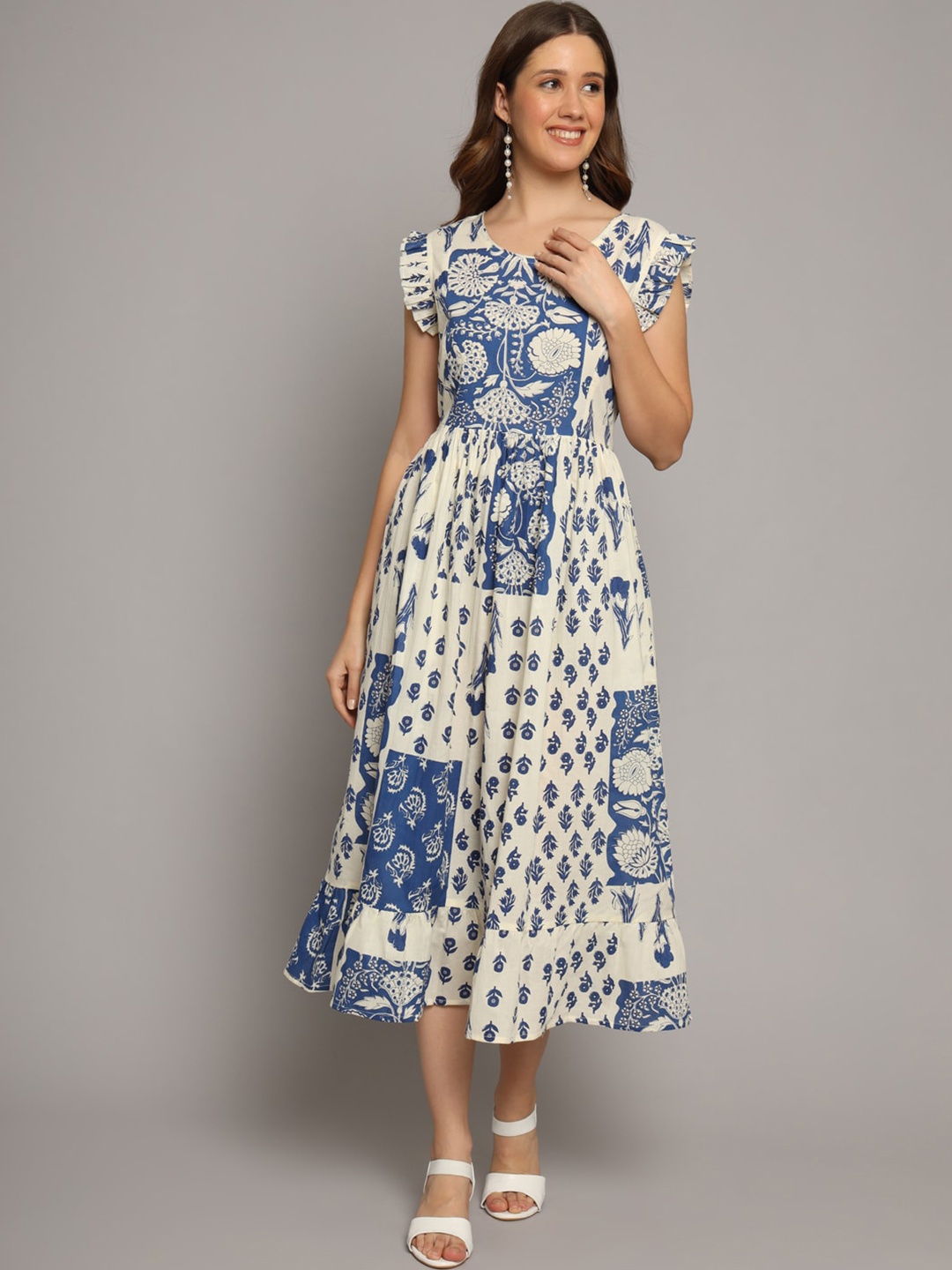 

KALINI Ethnic Motifs Printed Cap Sleeves Cotton Fit & Flare Midi Dress, Blue