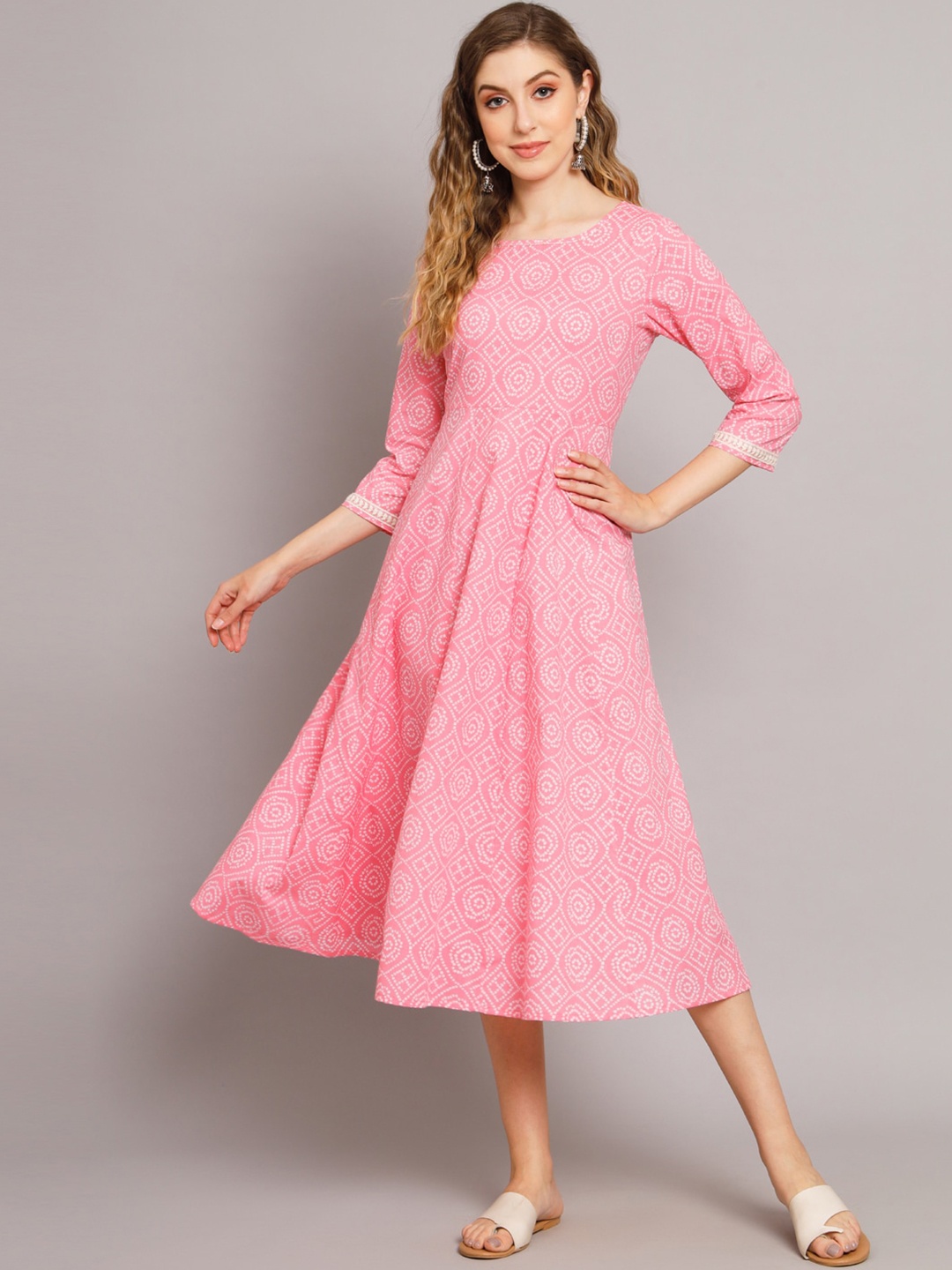 

KALINI Floral Printed Cotton A-Line Midi Dress, Pink