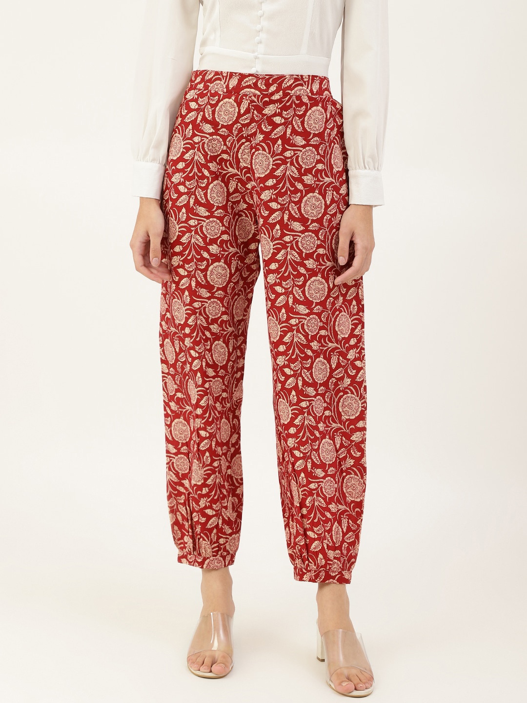 

KALINI Women Floral Printed Relaxed Easy Wash Cotton Trousers, Maroon