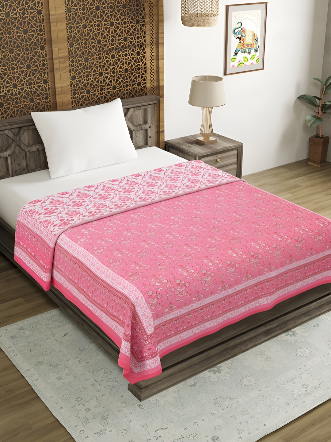 

BLOCKS OF INDIA Pink & White Ethnic Motifs AC Room 150 GSM Single Bed Dohar