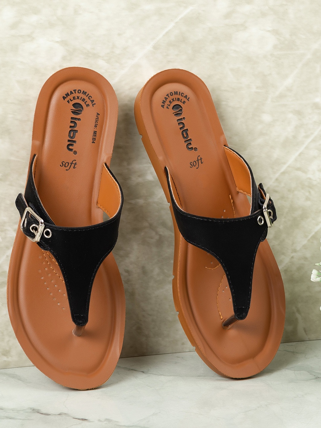 

Inblu Lightweight Anti Skid Open Toe T-Strap Flats, Black