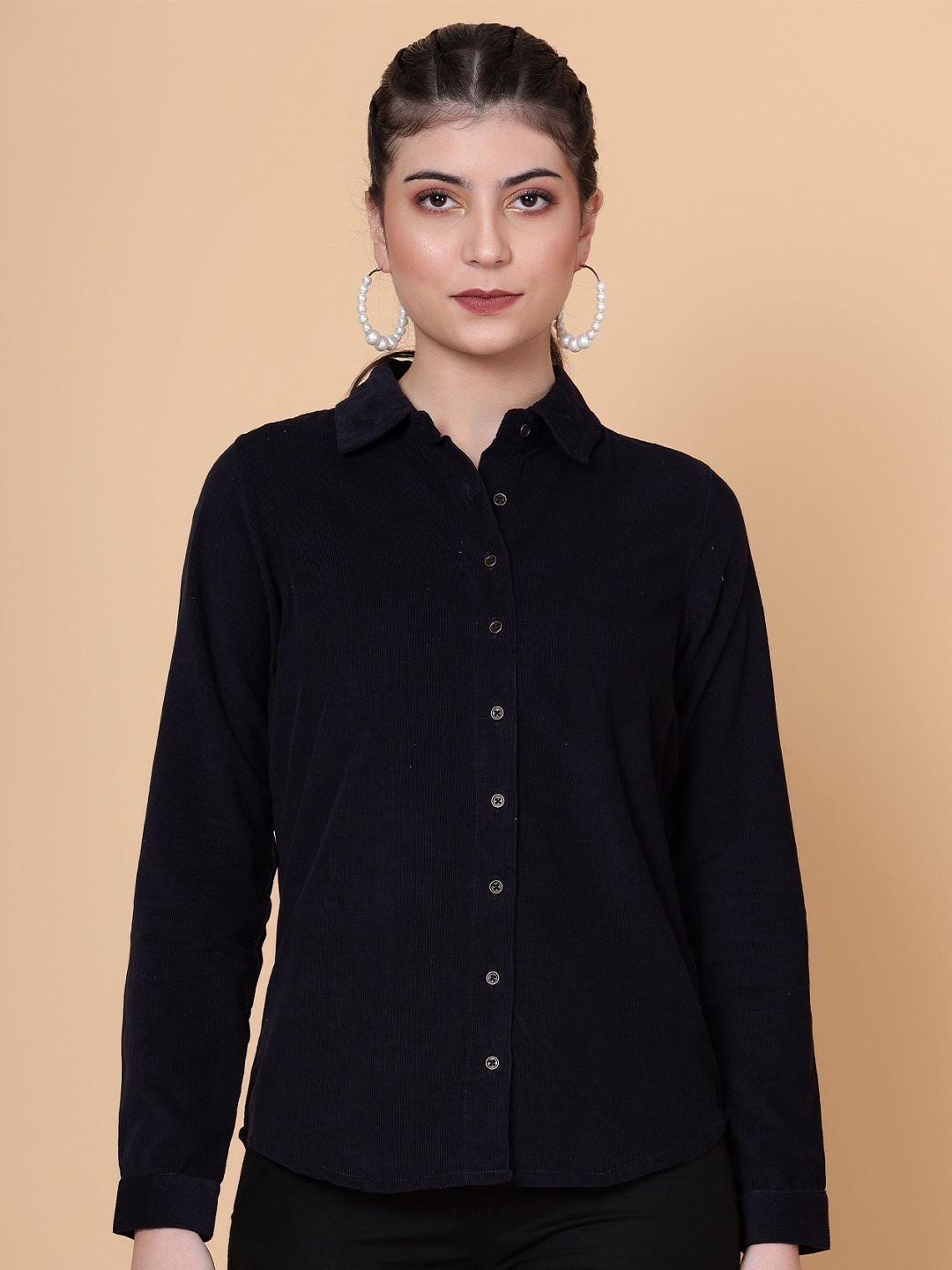 

Bani Women Textured Spread Collar Long Sleeves Party Shirt, Navy blue