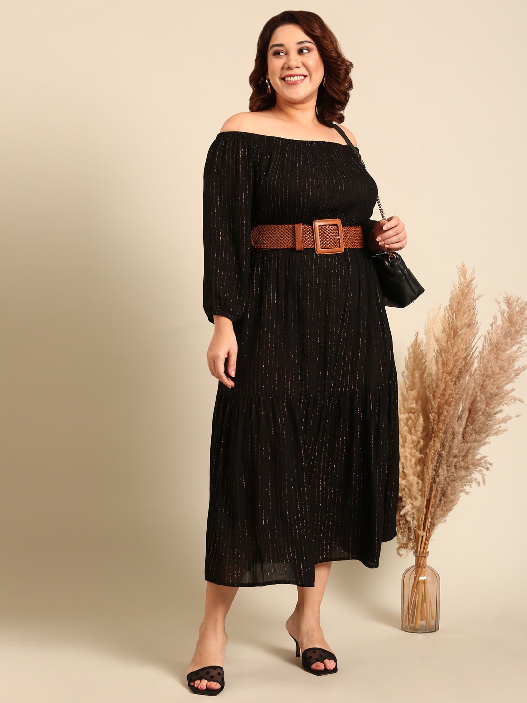 

The Pink Moon Plus Size Off-Shoulder Puff Sleeve Maxi Dress, Black