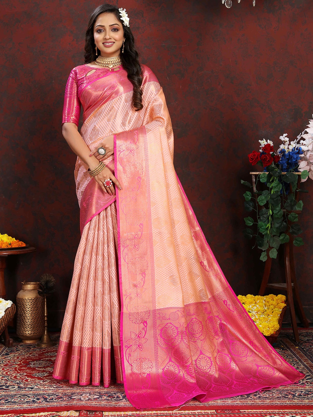 

PHEASANT Woven Design Zari Kanjeevaram Saree, Rose gold