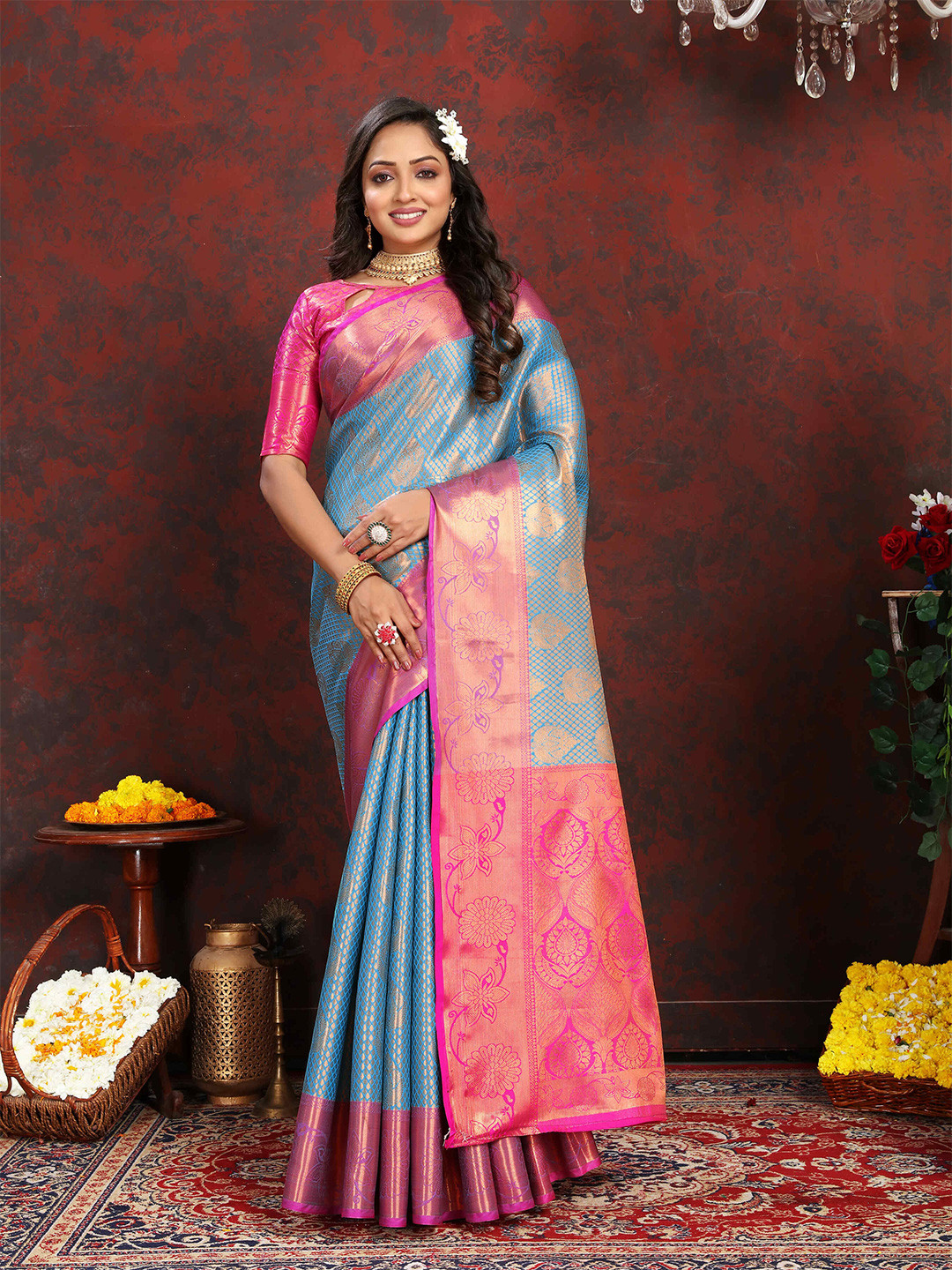 

PHEASANT Ethnic Motifs Zari Kanjeevaram Saree, Turquoise blue