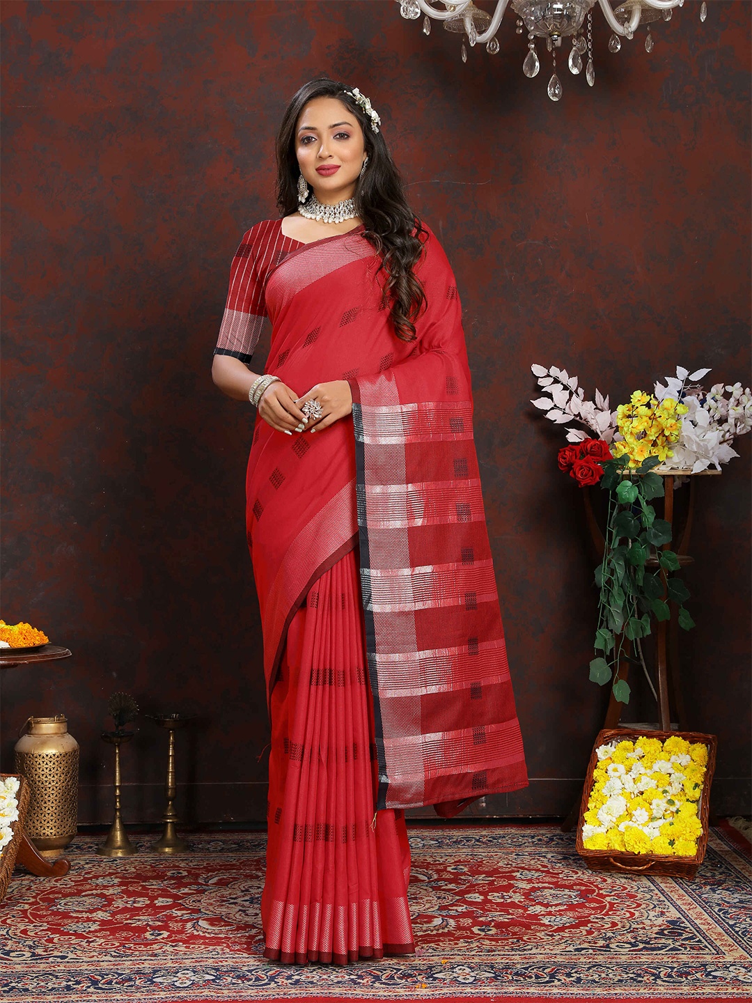 

PHEASANT Ethnic Motifs Pure Cotton Banarasi Saree, Red