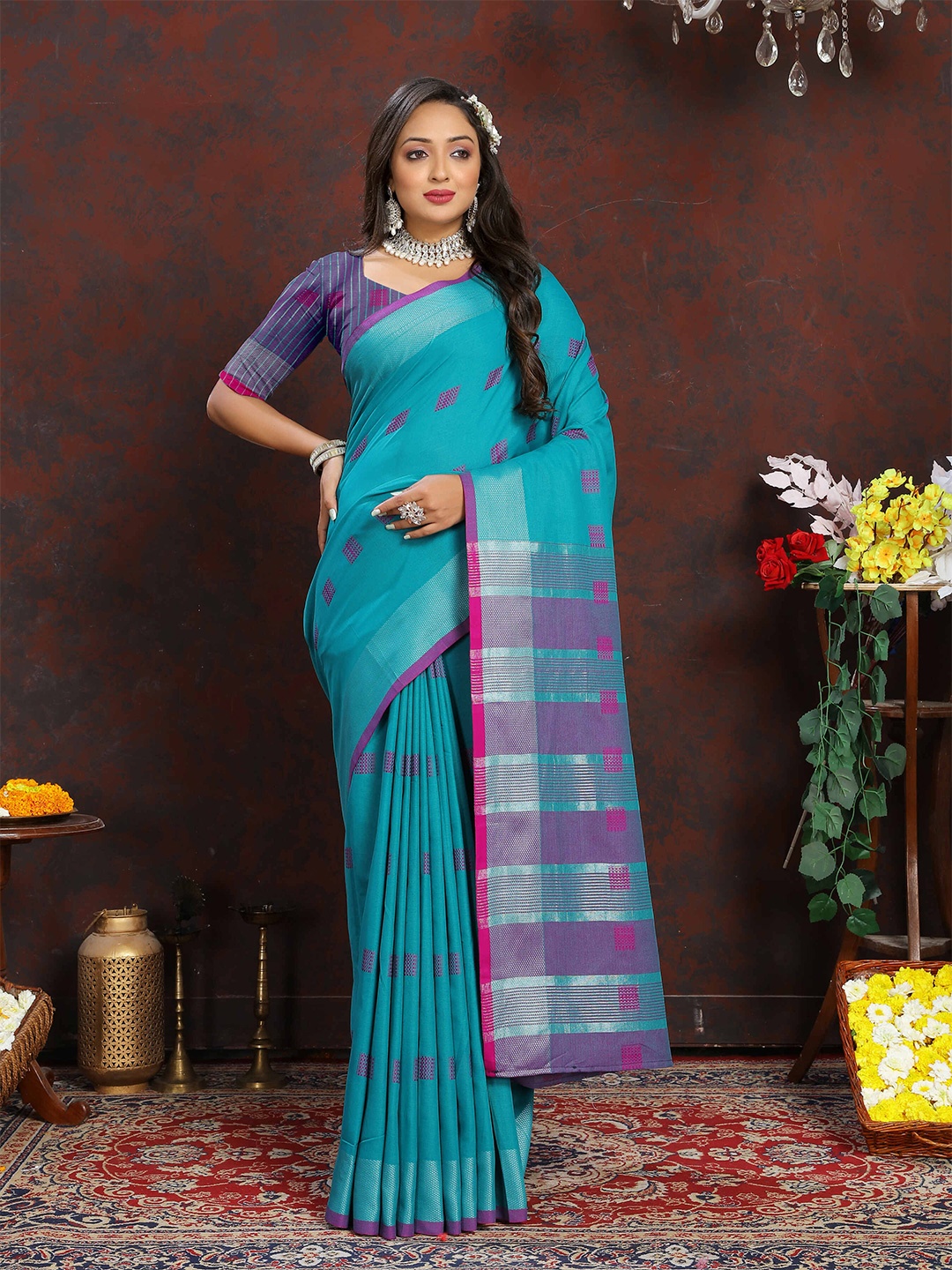 

PHEASANT Geometric Woven Design Pure Cotton Banarasi Saree, Turquoise blue