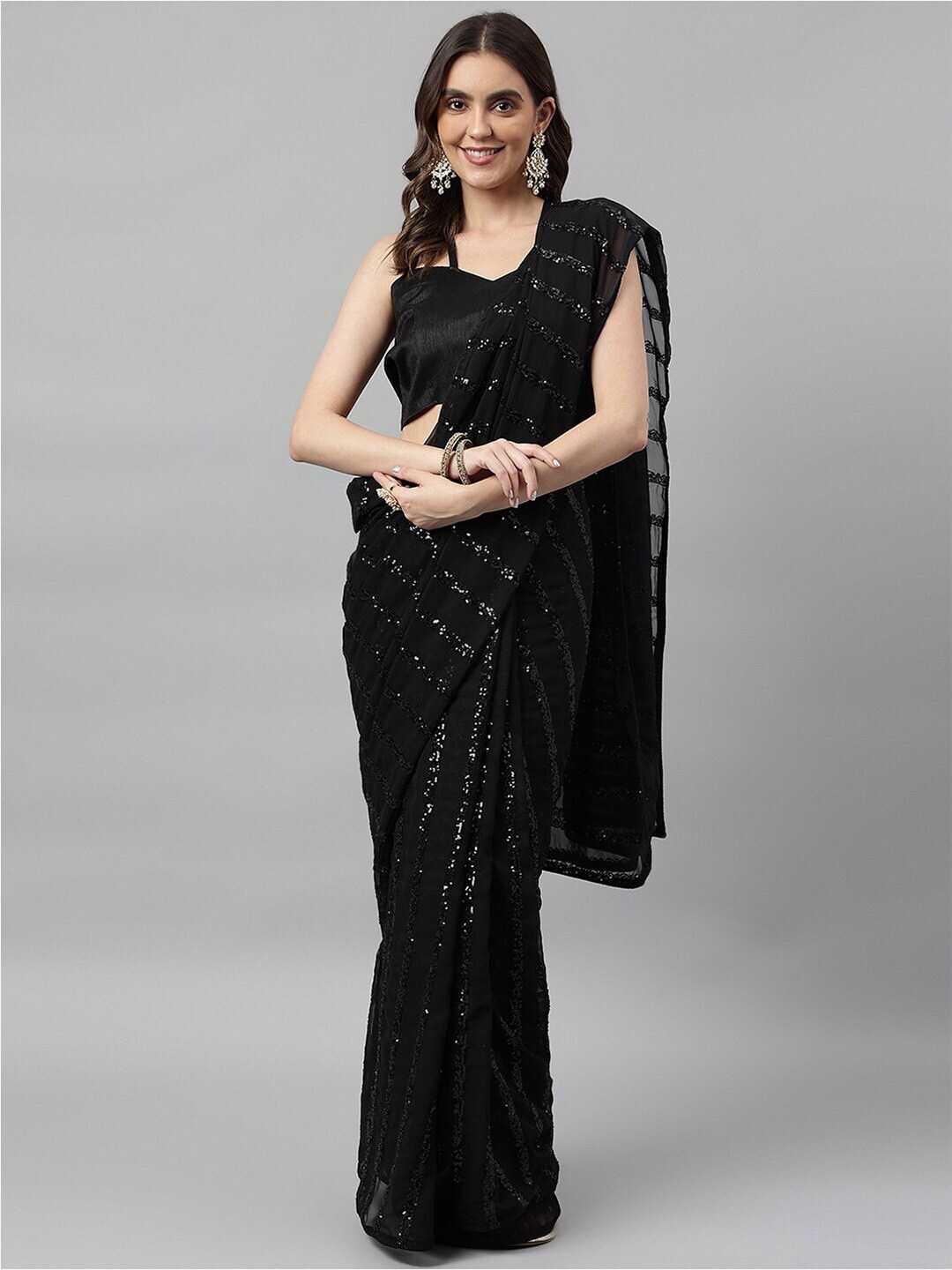 Mitera Striped Sequinned Embroidered Pure Georgette Saree, Black