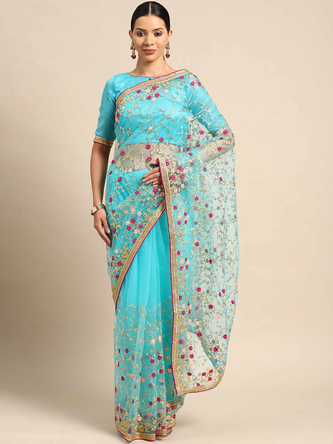 

Mitera Floral Beads And Stones Net Saree, Turquoise blue