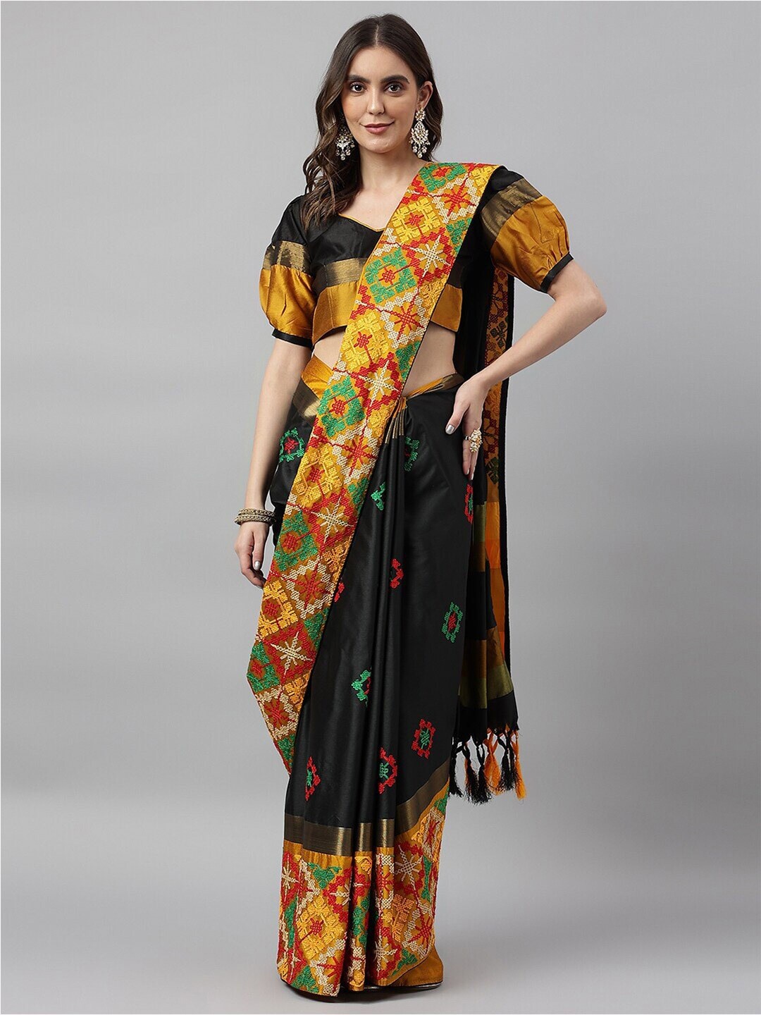 

Mitera Ethnic Motifs Kutchi Embroidery Zari Saree With Tassels, Yellow