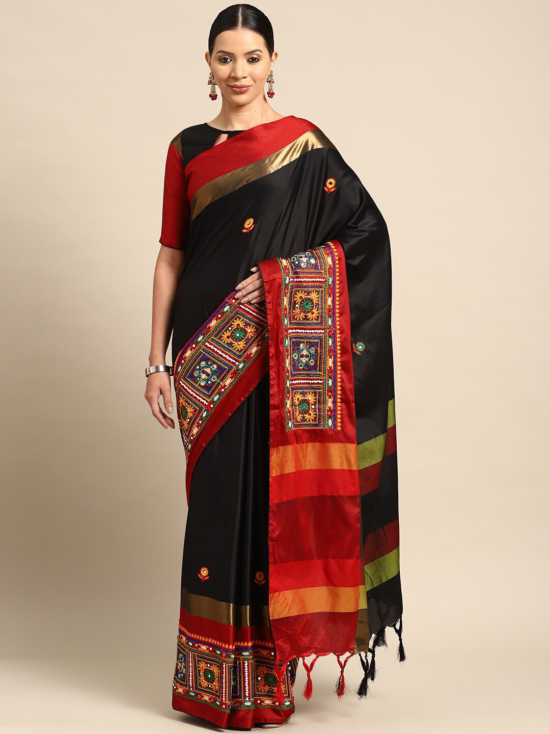 

Mitera Black & Red Floral Embroidered Mirror Work Silk Cotton Saree