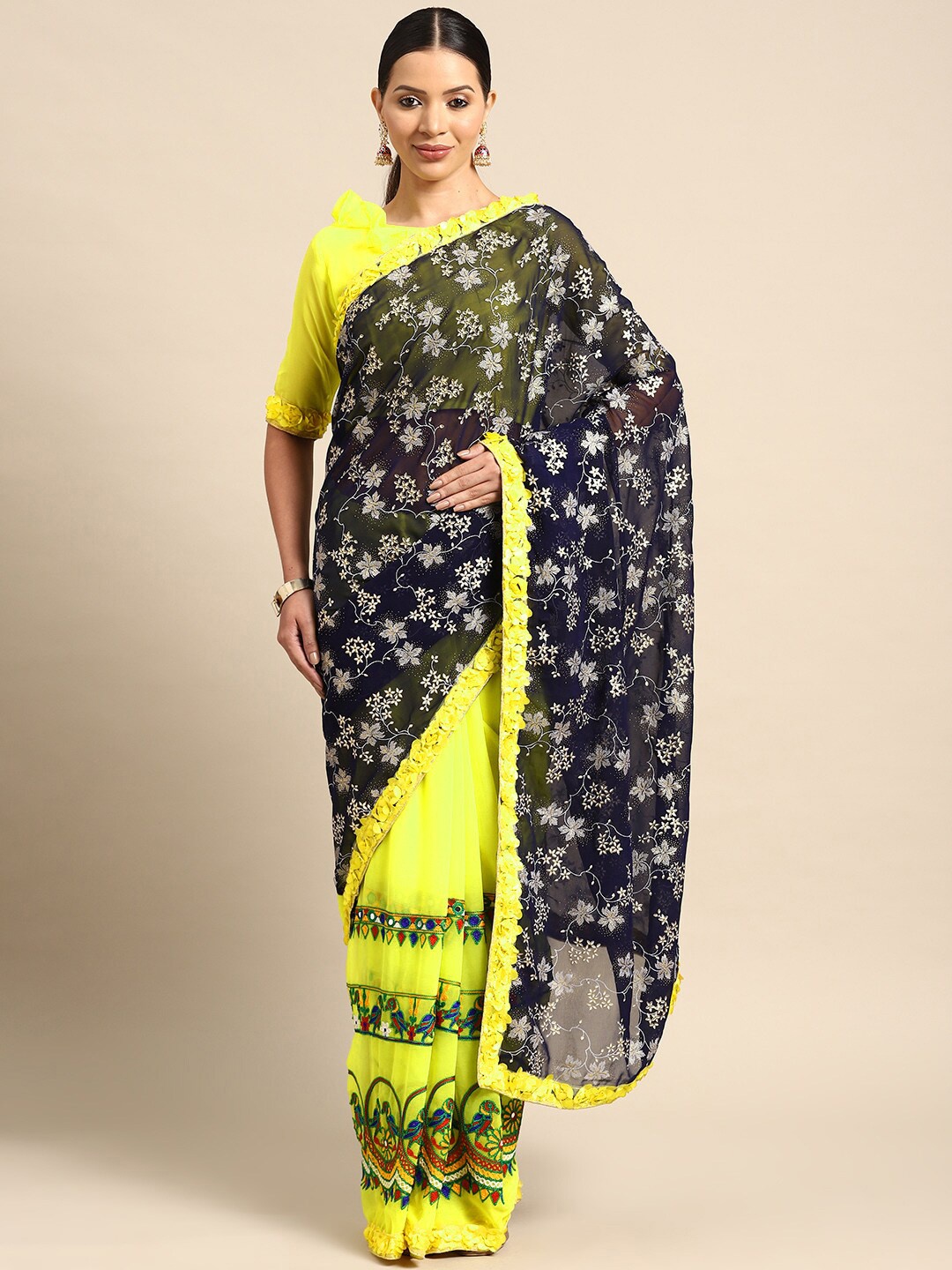 

Mitera Floral Embroidered Pure Georgette Half & Half Saree, Yellow