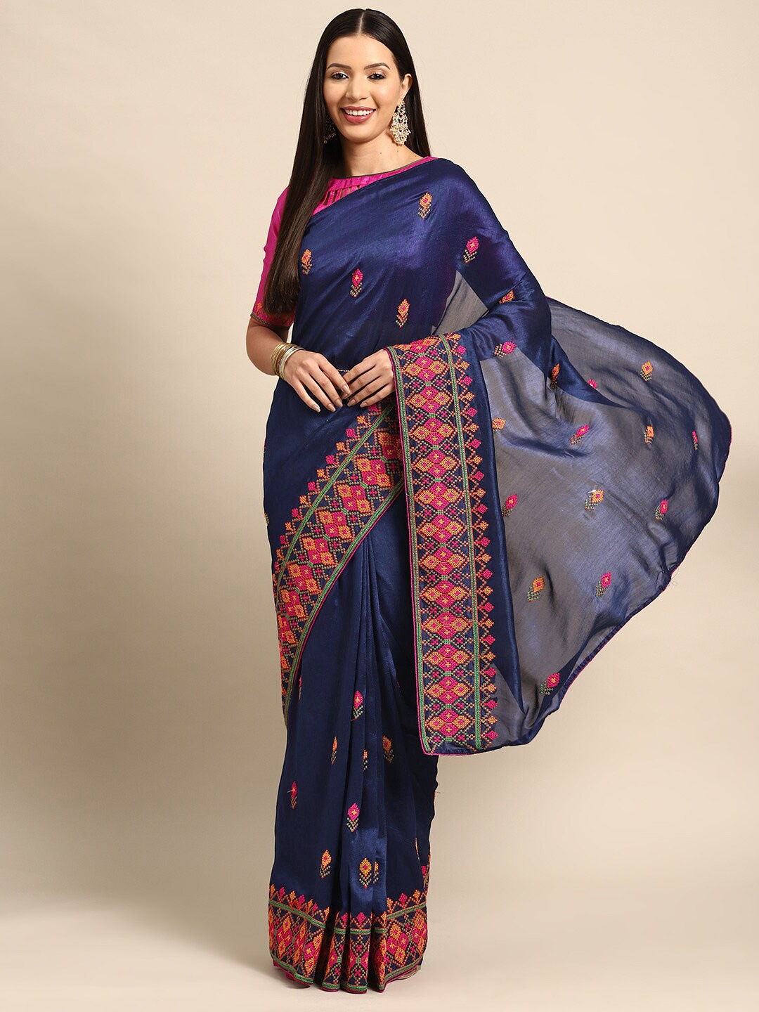

Mitera Floral Embroidered Pure Georgette Saree, Blue