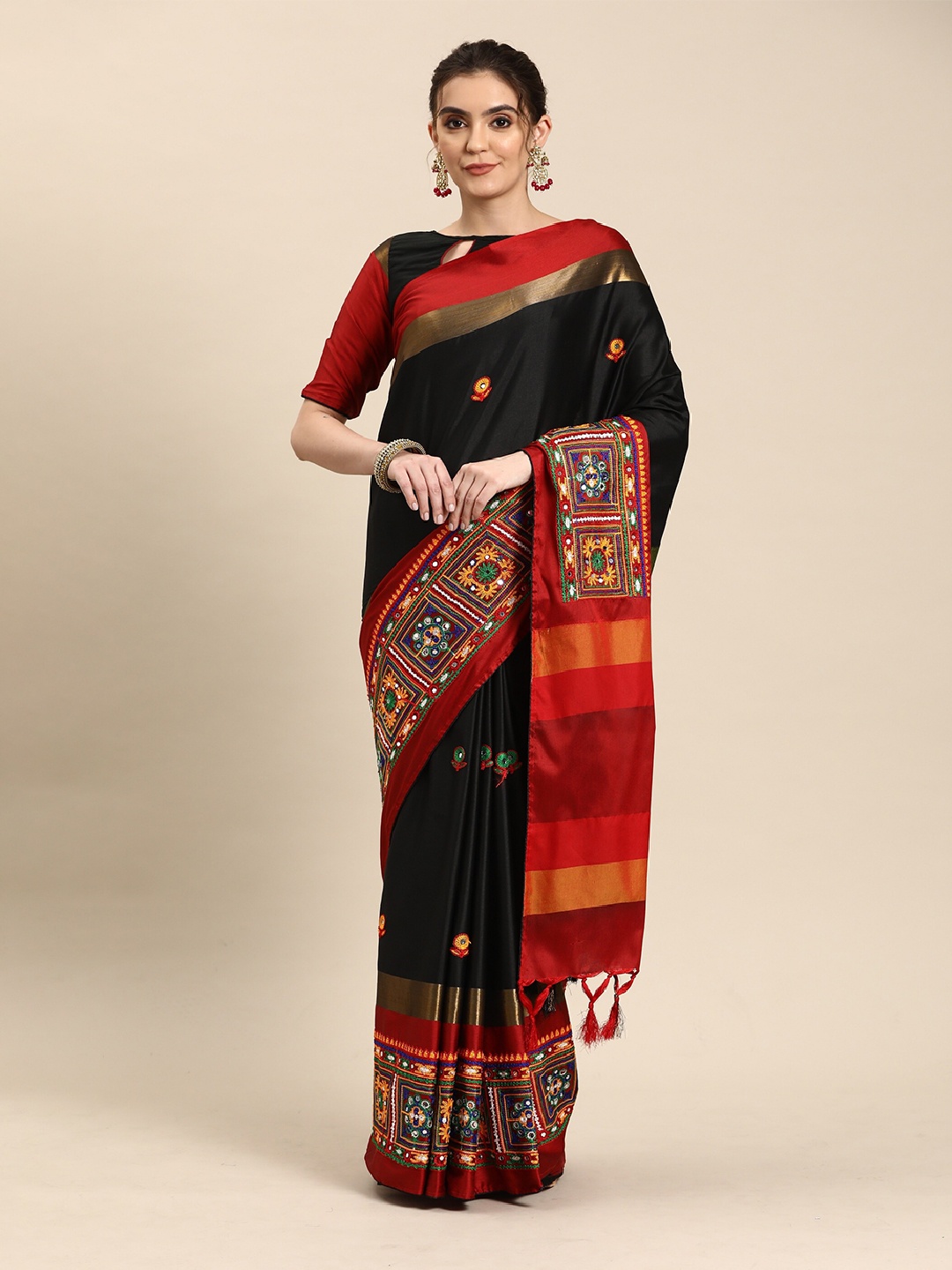 

Mitera Floral Mirror Work Silk Cotton Saree, Black