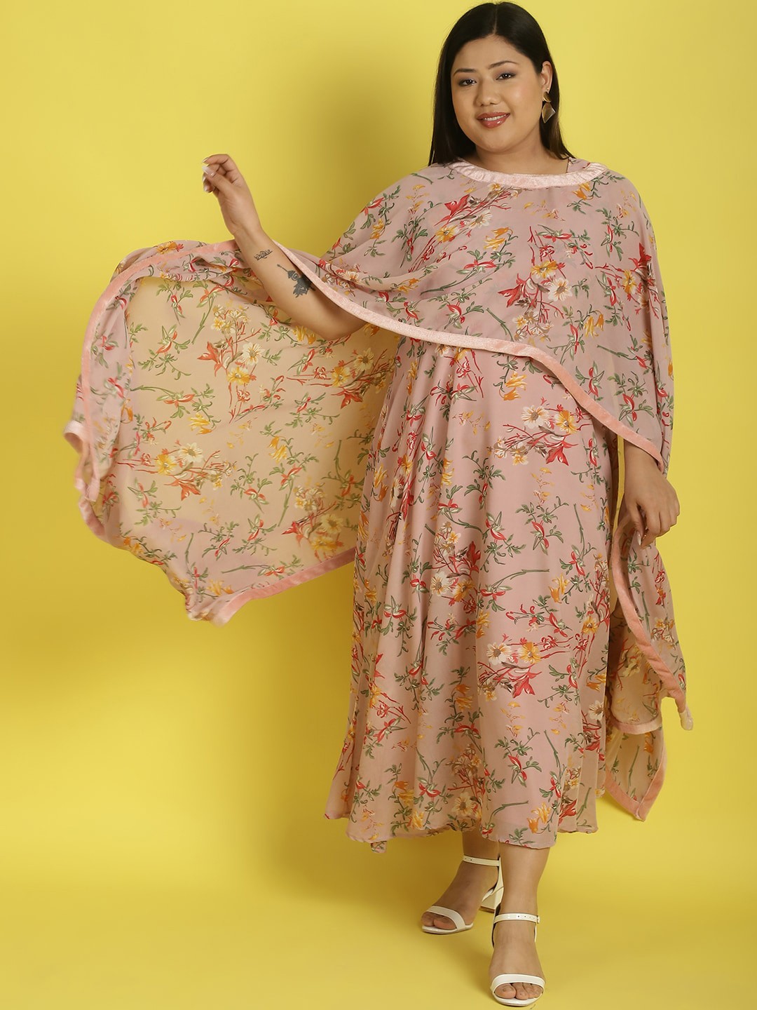 theRebelinme Plus Size Floral Printed Flared Sleeve Layered Georgette Kaftan Dress, Pink