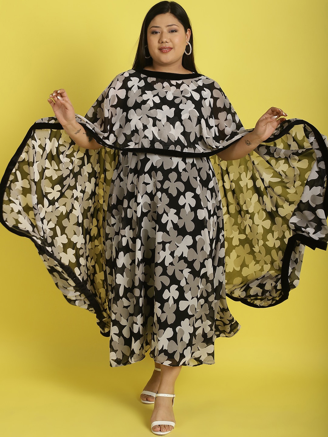 

theRebelinme Plus Size Floral Printed Layered Georgette Maxi Dress, Black