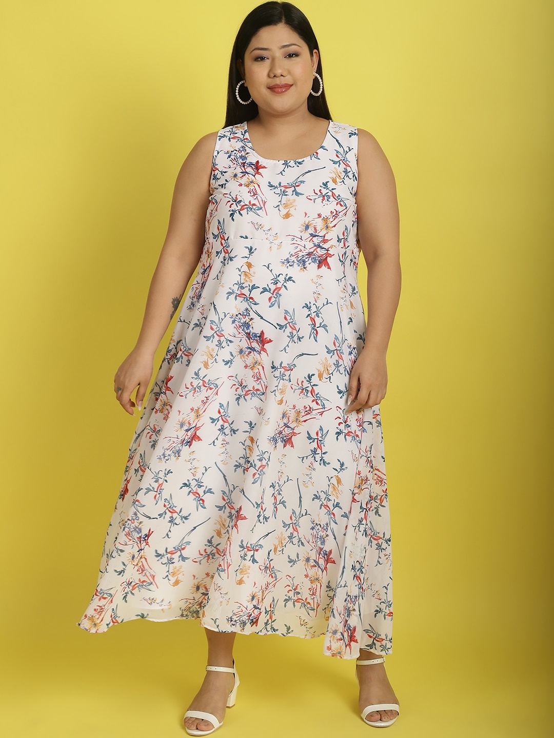 

theRebelinme Floral Printed Sleeveless Layered Plus Size Fit & Flare Georgette Midi Dress, White