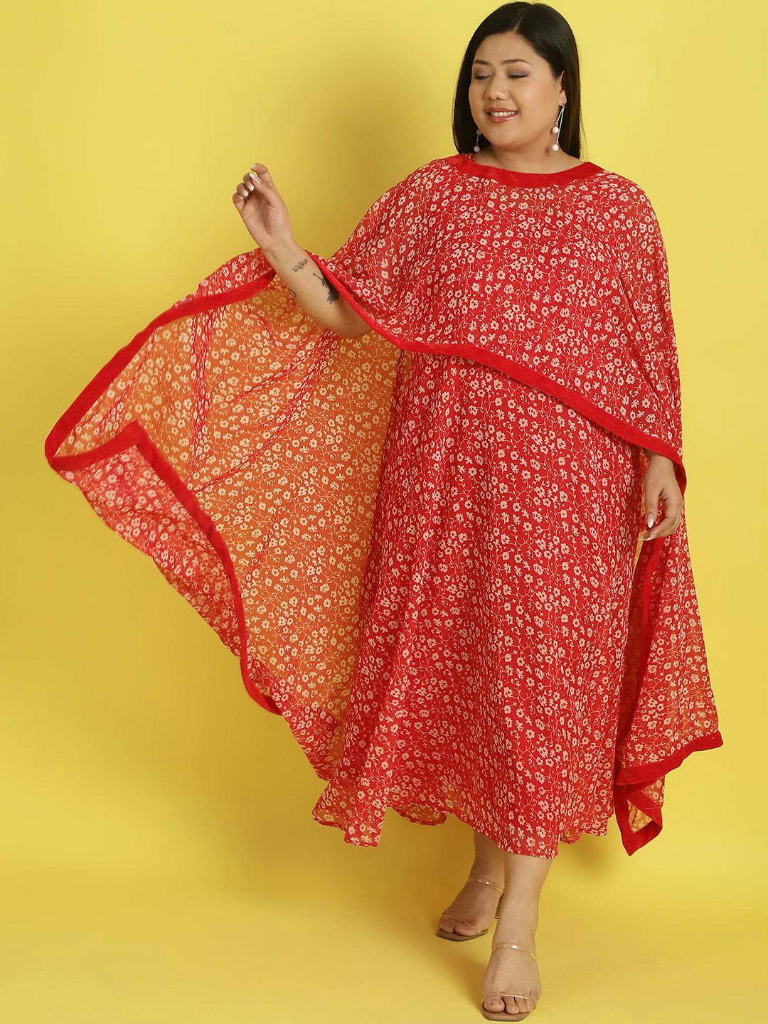 

theRebelinme Plus Size Floral Printed Kimono Sleeve Layered Dress With Detachable Cape., Red