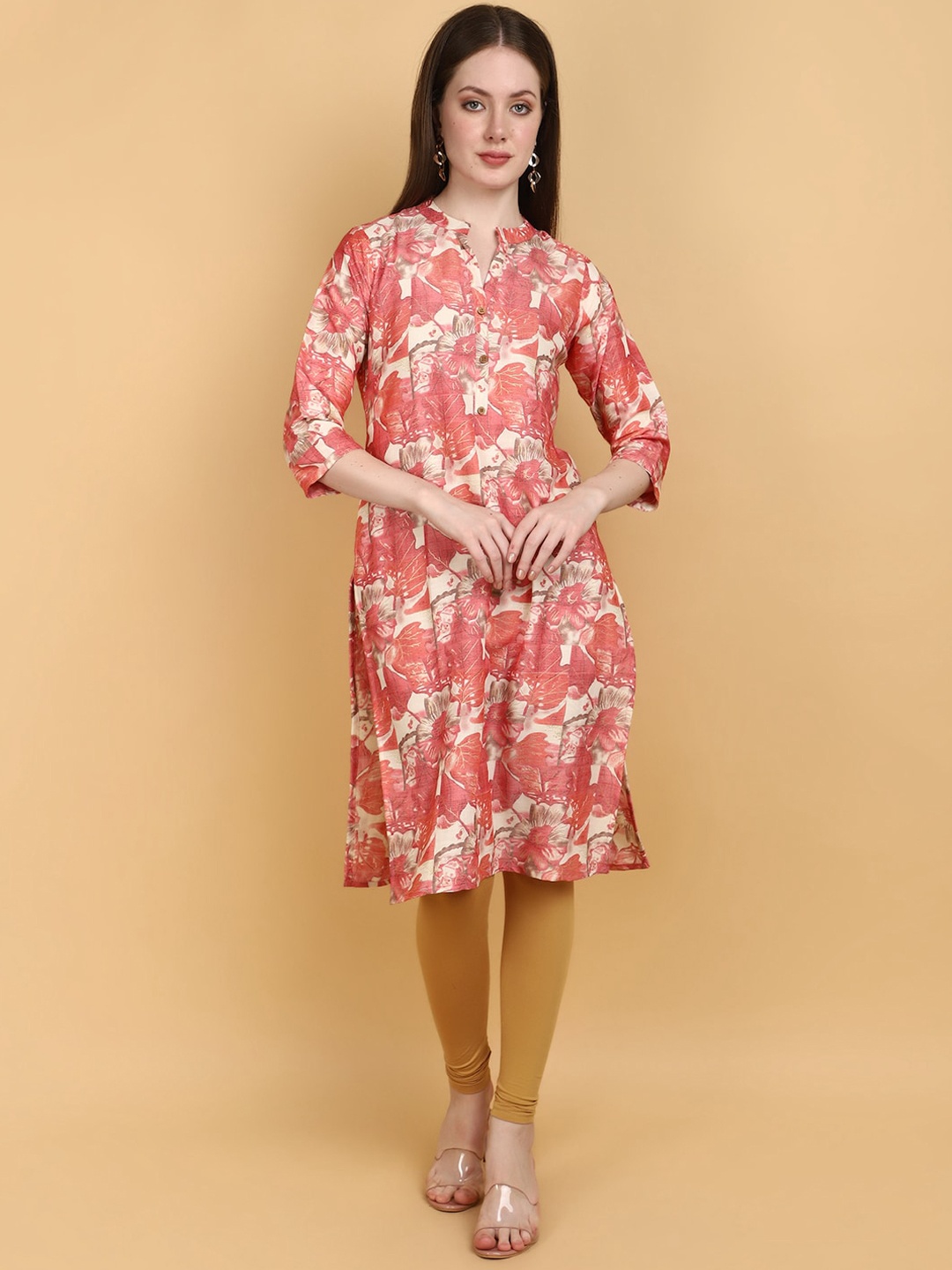 

V-Mart Mandarin Collar Three Quarter Sleeves Floral Kurta, Pink