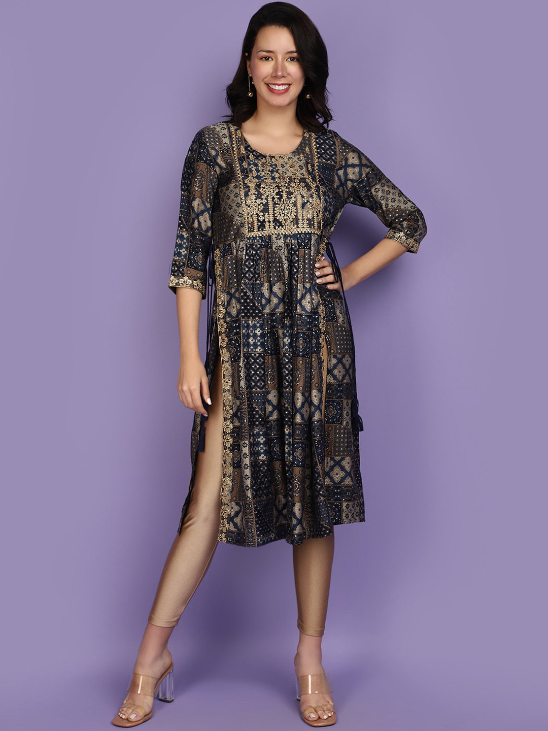 

V-Mart Ethnic Motifs Woven Design Zari High Slit A-Line Kurta, Black