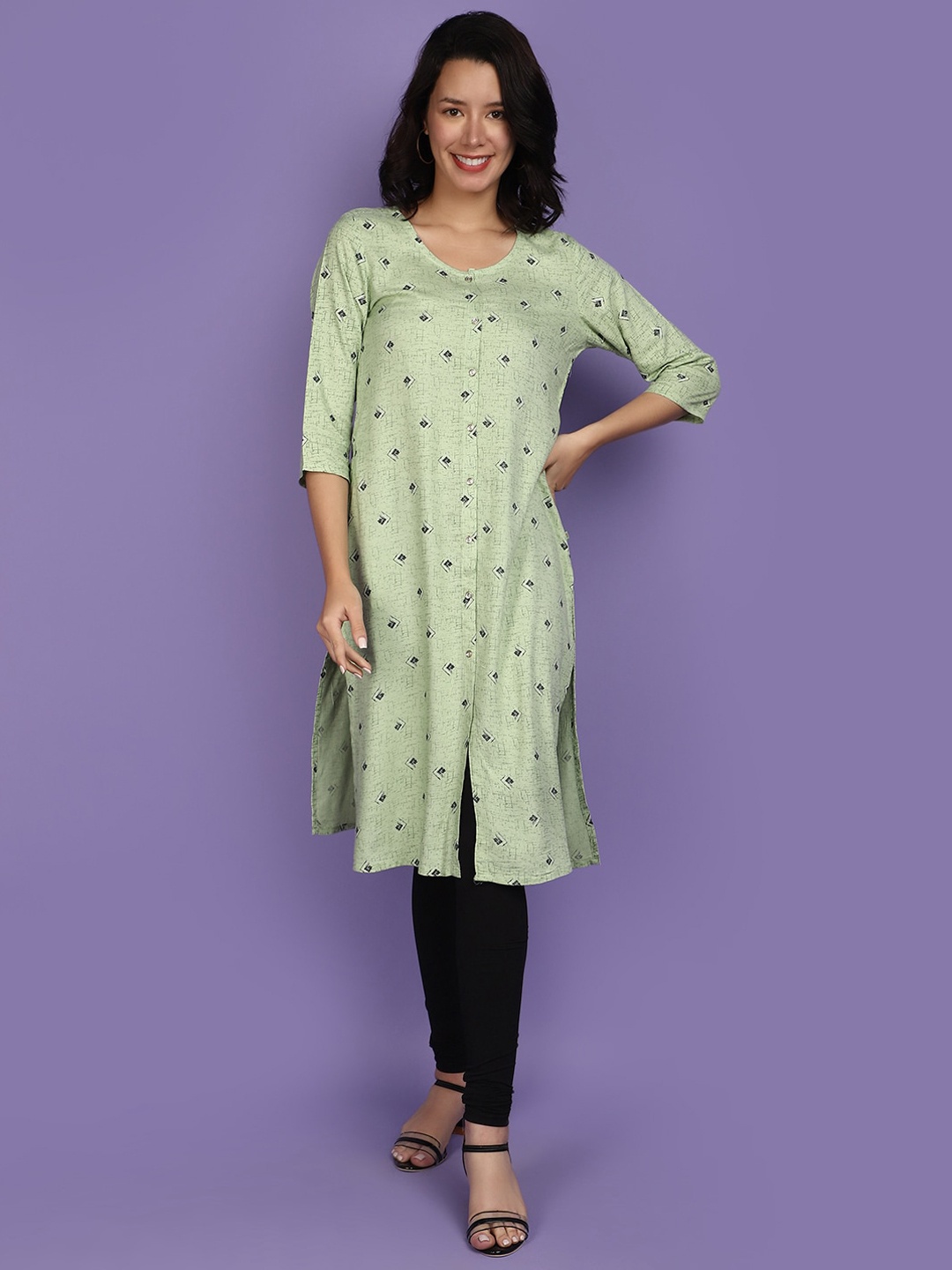 

V-Mart Abstract Printed Round Neck Straight Kurta, Green