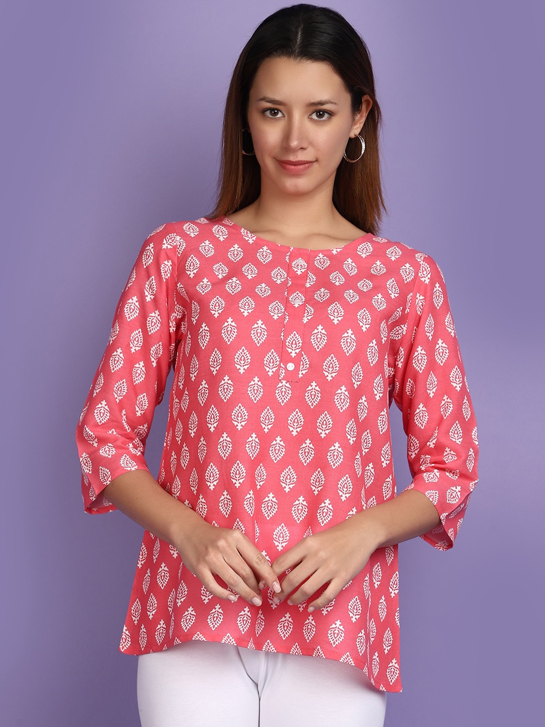 

V-Mart Ethnic Motifs Printed Round Neck Top, Coral
