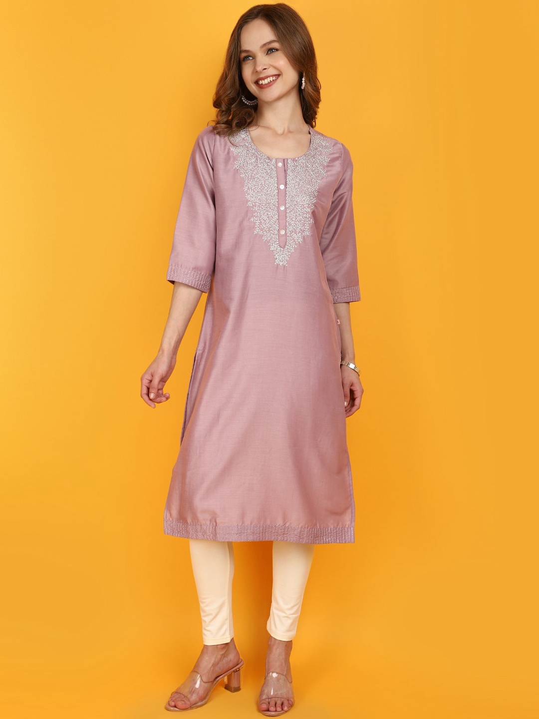 

V-Mart Women Yoke Design Thread Work Round Neck Straight Kurta, Mauve