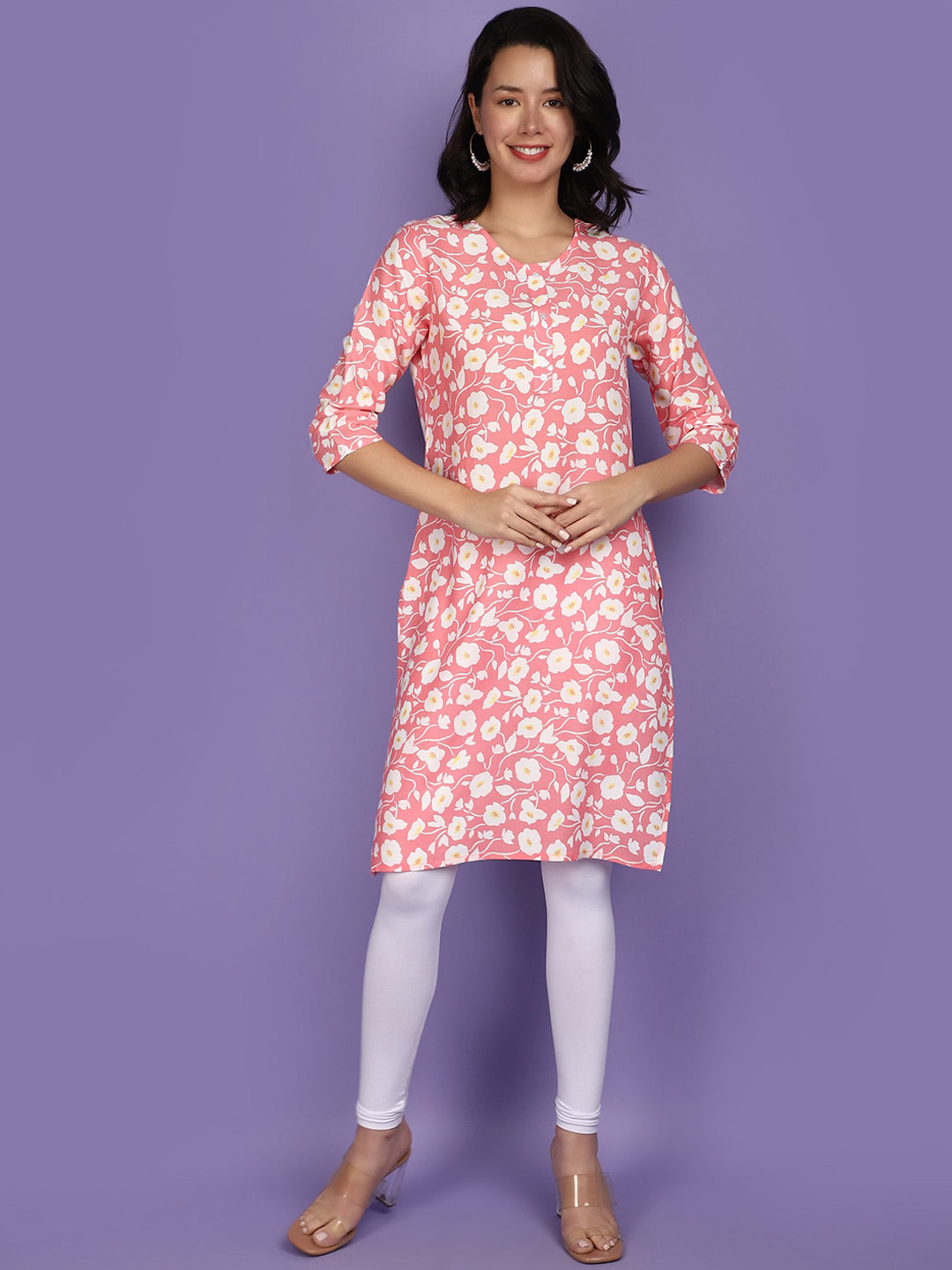 

V-Mart Floral Printed Round Neck Straight Kurta, Pink