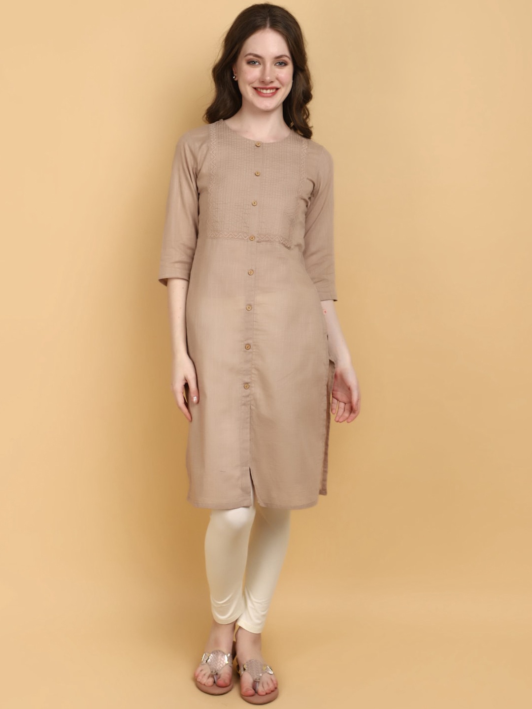 

V-Mart Striped Round Neck Cotton Kurta, Brown