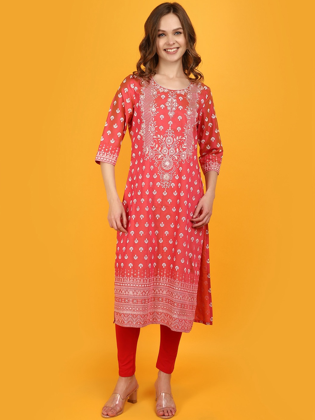 

V-Mart Ethnic Motifs Printed Flared Sleeves Kurta, Pink