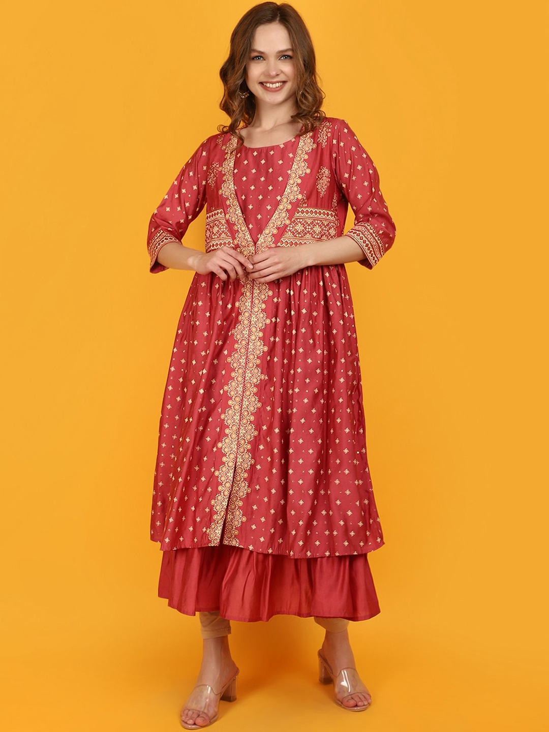 

V-Mart Ethnic Motifs Printed Thread Work Layered Anarkali Kurta, Rust