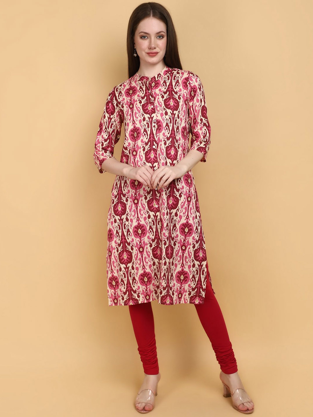 

V-Mart Ethnic Motifs Printed Mandarin Collar Straight Kurta, Pink