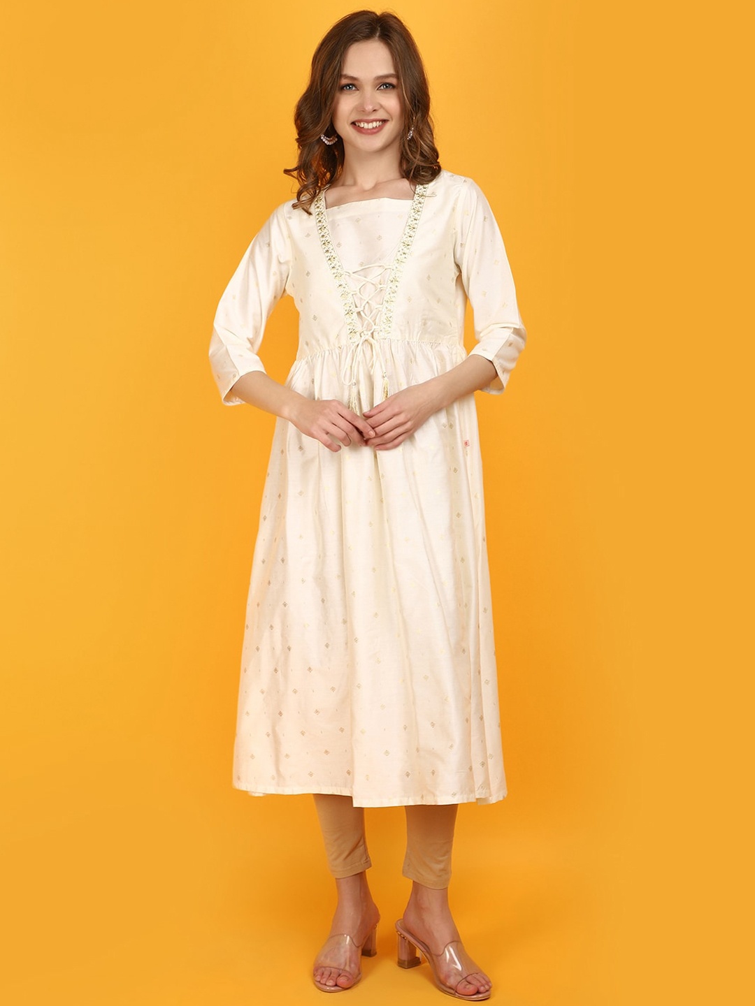 

V-Mart Ethnic Woven Design Square Neck Anarkali Kurta, Off white